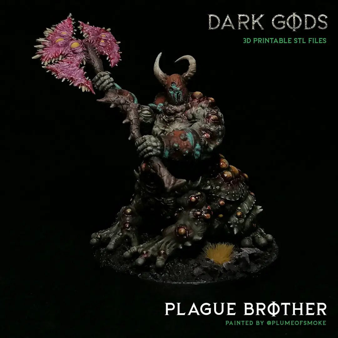 3D printed Plague Brother Pestilence miniature from Dark Gods by Last Hope Miniatures, detailed model with plague-themed armor and weapons.