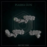 Six 3D printed plasma guns by Last Hope Miniatures for Greytide Studio, detailed sci-fi weapon models on a white background.