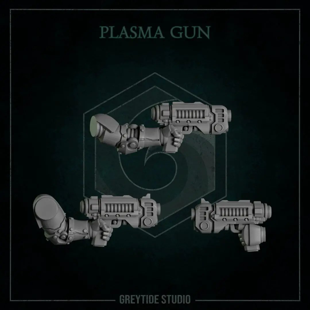 Six 3D printed plasma guns by Last Hope Miniatures for Greytide Studio, detailed sci-fi weapon models on a white background.