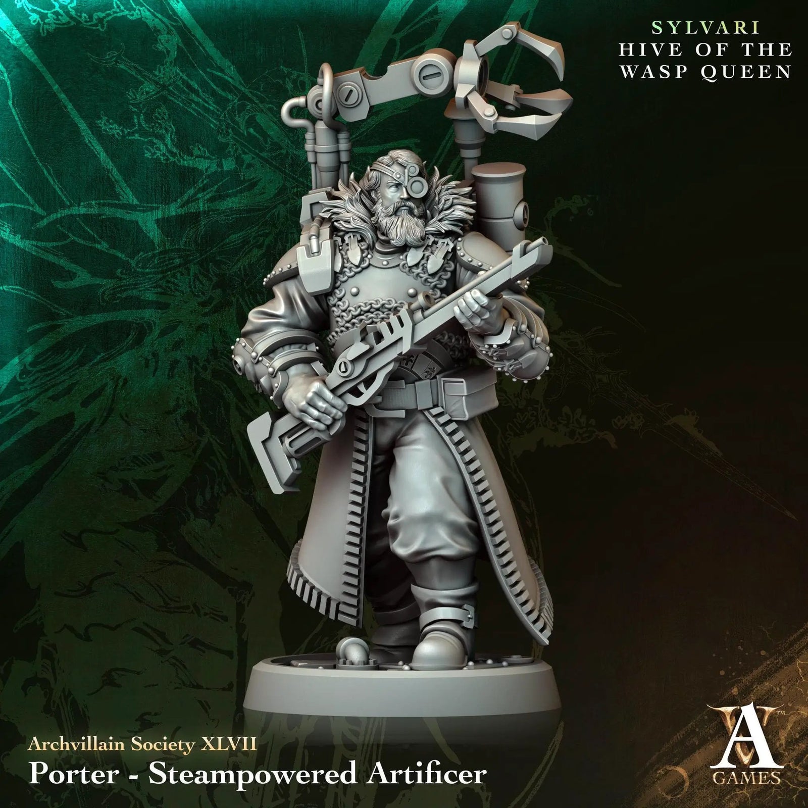 3D printed Steam Powered Artificer figure from Last Hope Miniatures for Archvillain Games, showing detailed steampunk design and craftsmanship.