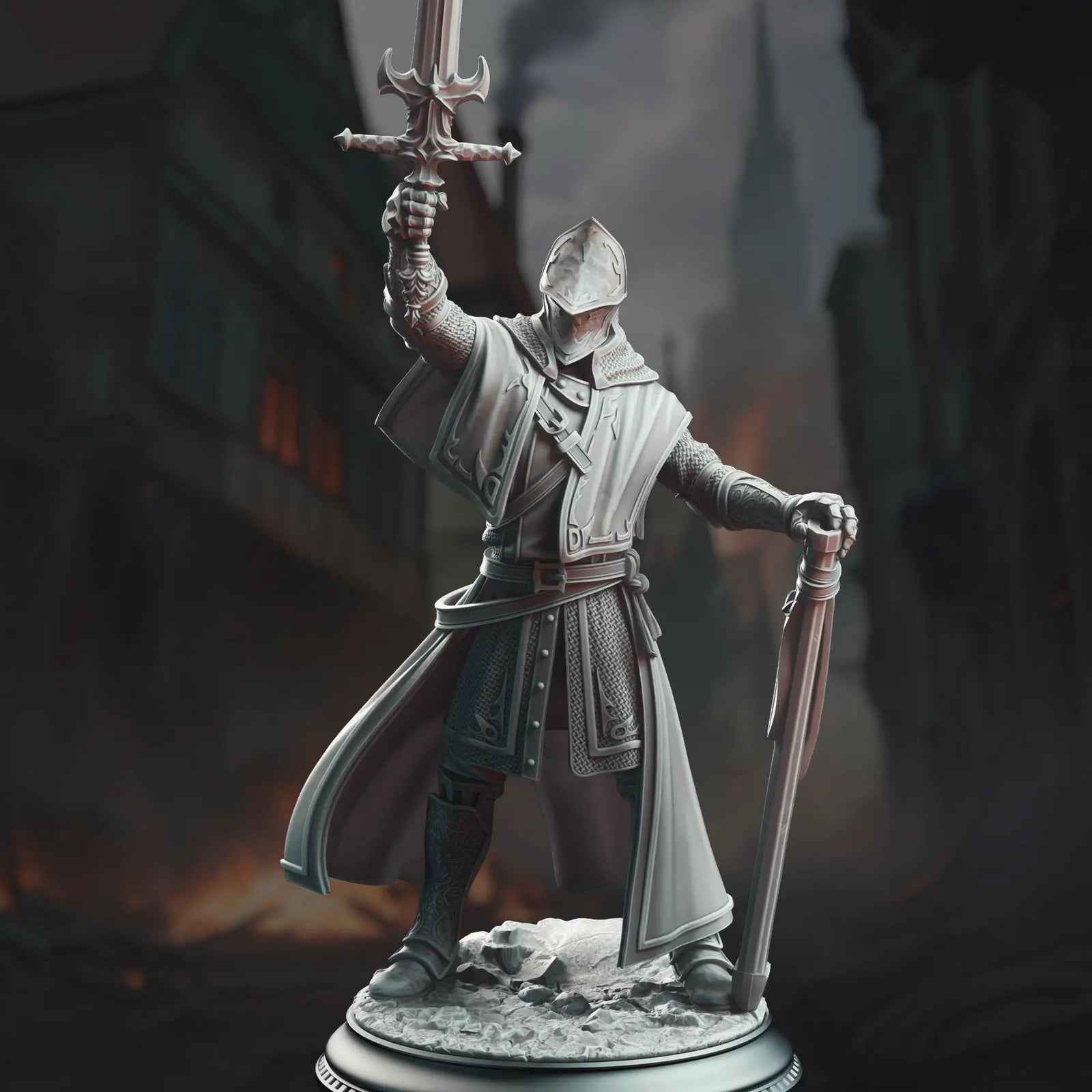 3D printed Priest Knight miniature by Last Hope Miniatures, featuring detailed armor and religious symbols, stands in a heroic pose.