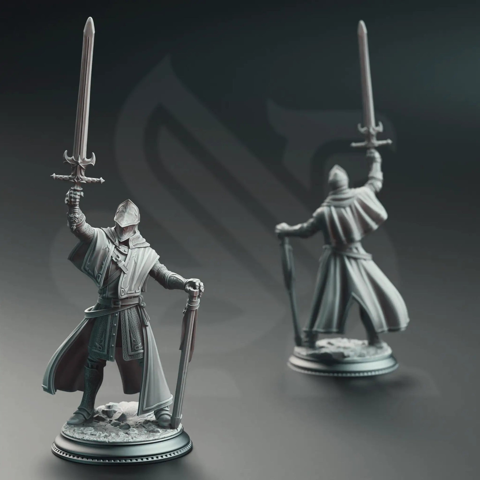 3D printed Priest Knight miniature by Last Hope Miniatures, detailed fantasy figure with armor and staff, on a display base.