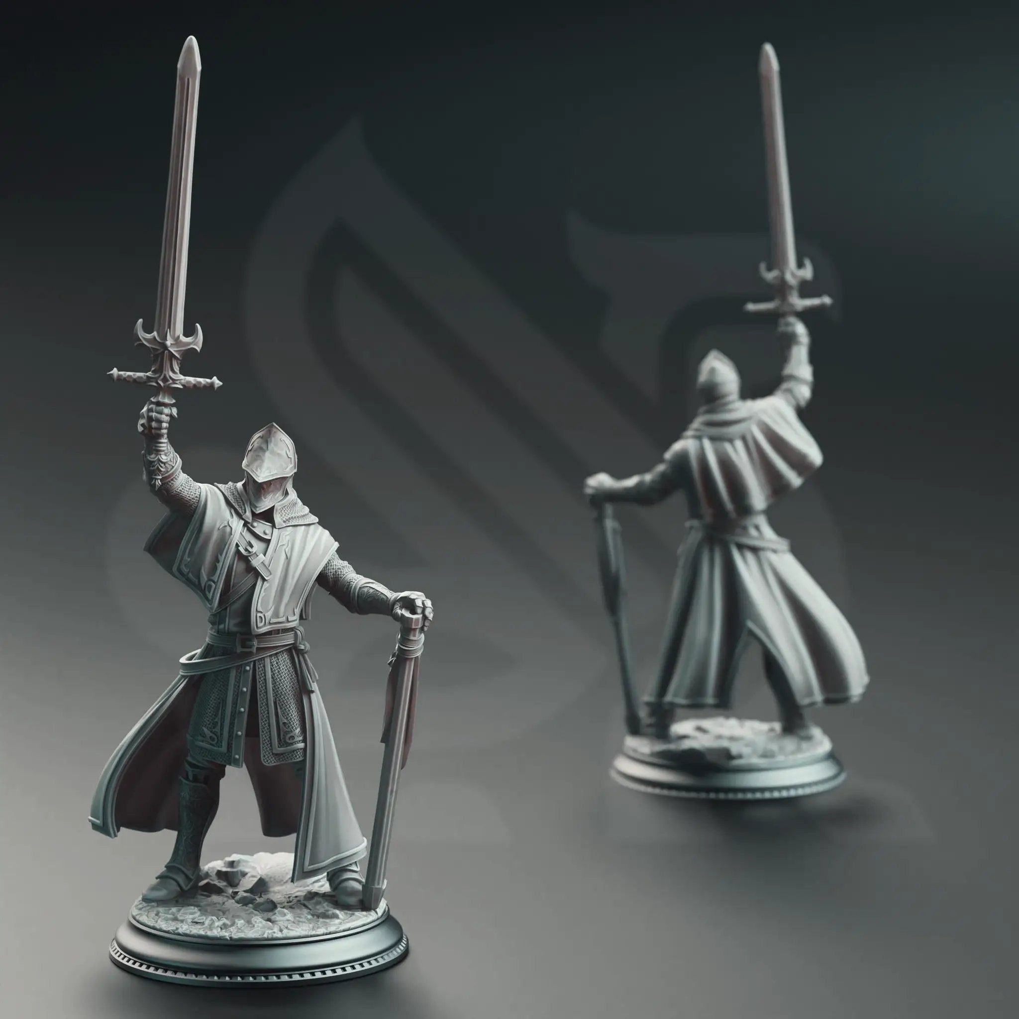 3D printed Priest Knight miniature by Last Hope Miniatures, detailed fantasy figure with armor and staff, on a display base.