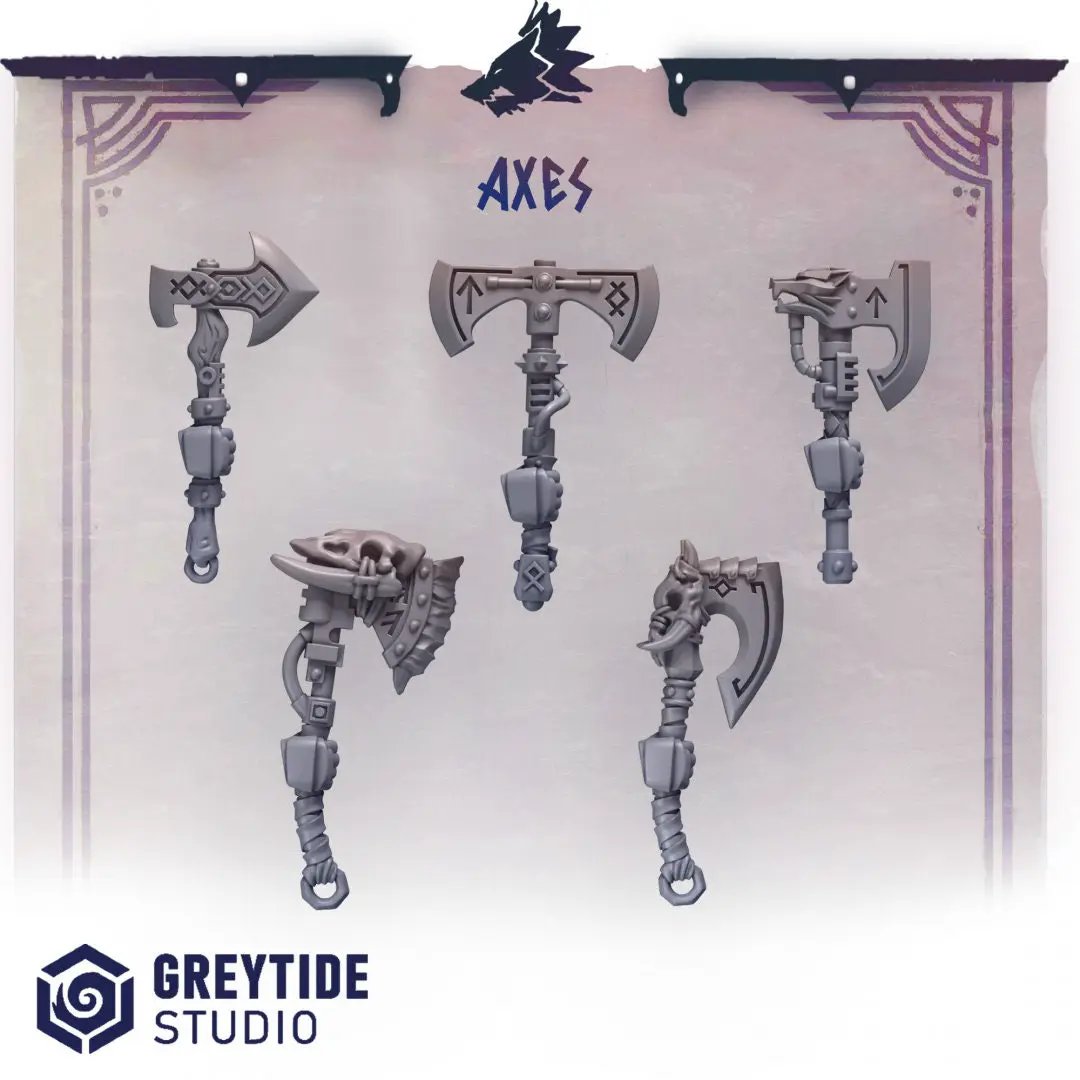 Set of 10 3D printed Primal Hounds Axes by Last Hope Miniatures, detailed miniature weapon models from Greytide Studio.