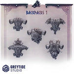 Set of 10 3D printed Primal Hounds backpacks by Last Hope Miniatures, designed by Greytide Studio, featuring detailed miniature backpacks.