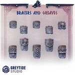 3D printed Primal Hounds bracers and greaves by Last Hope Miniatures for Greytide Studio, detailed armor with primal hound design.