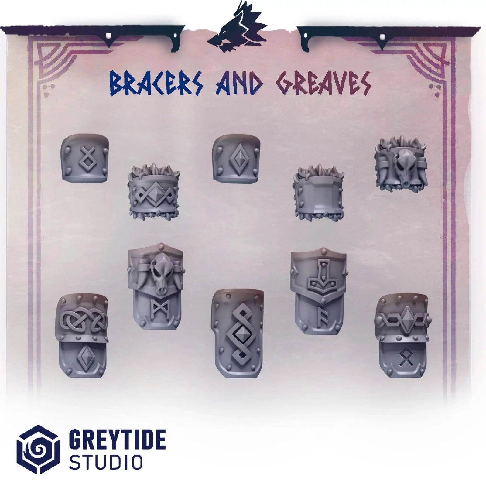 3D printed Primal Hounds bracers and greaves by Last Hope Miniatures for Greytide Studio, detailed armor with primal hound design.