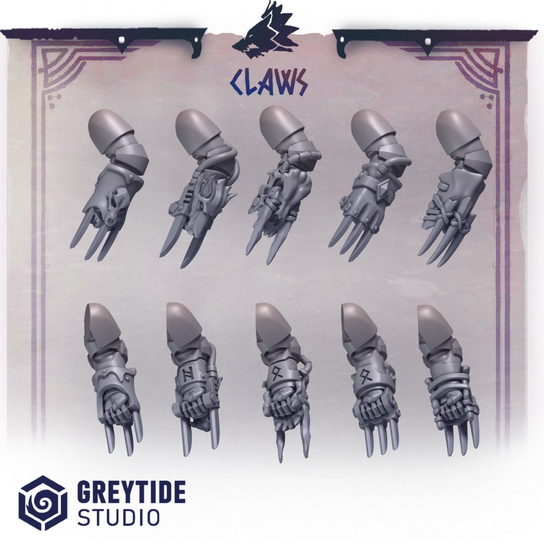 3D printed primal hounds claws set of 10 by Last Hope Miniatures, detailed grey resin miniature accessories for tabletop gaming.