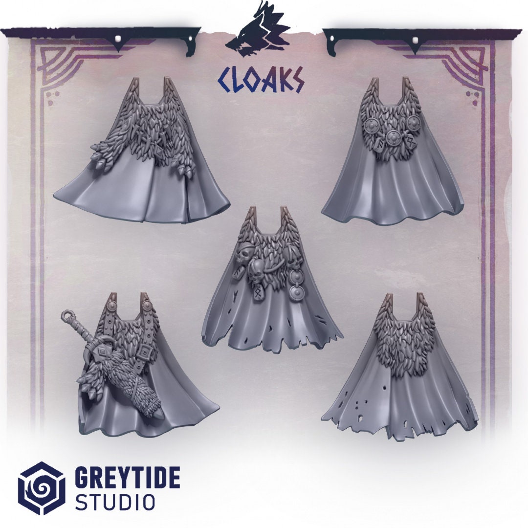 Set of ten 3D printed Primal Hounds cloaks by Last Hope Miniatures for Greytide Studio, showing detailed textured cloth in various positions.