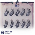 Set of ten 3D-printed Primal Hounds Fists miniatures by Last Hope Miniatures, featuring detailed primal wolf paw designs.
