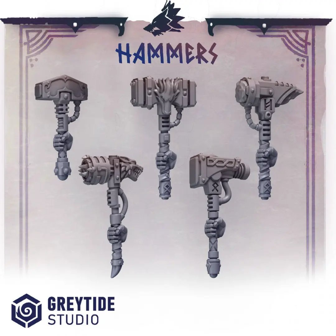 Set of 10 3D printed Primal Hounds Hammers by Last Hope Miniatures for Greytide Studio, detailed miniature weapon models.