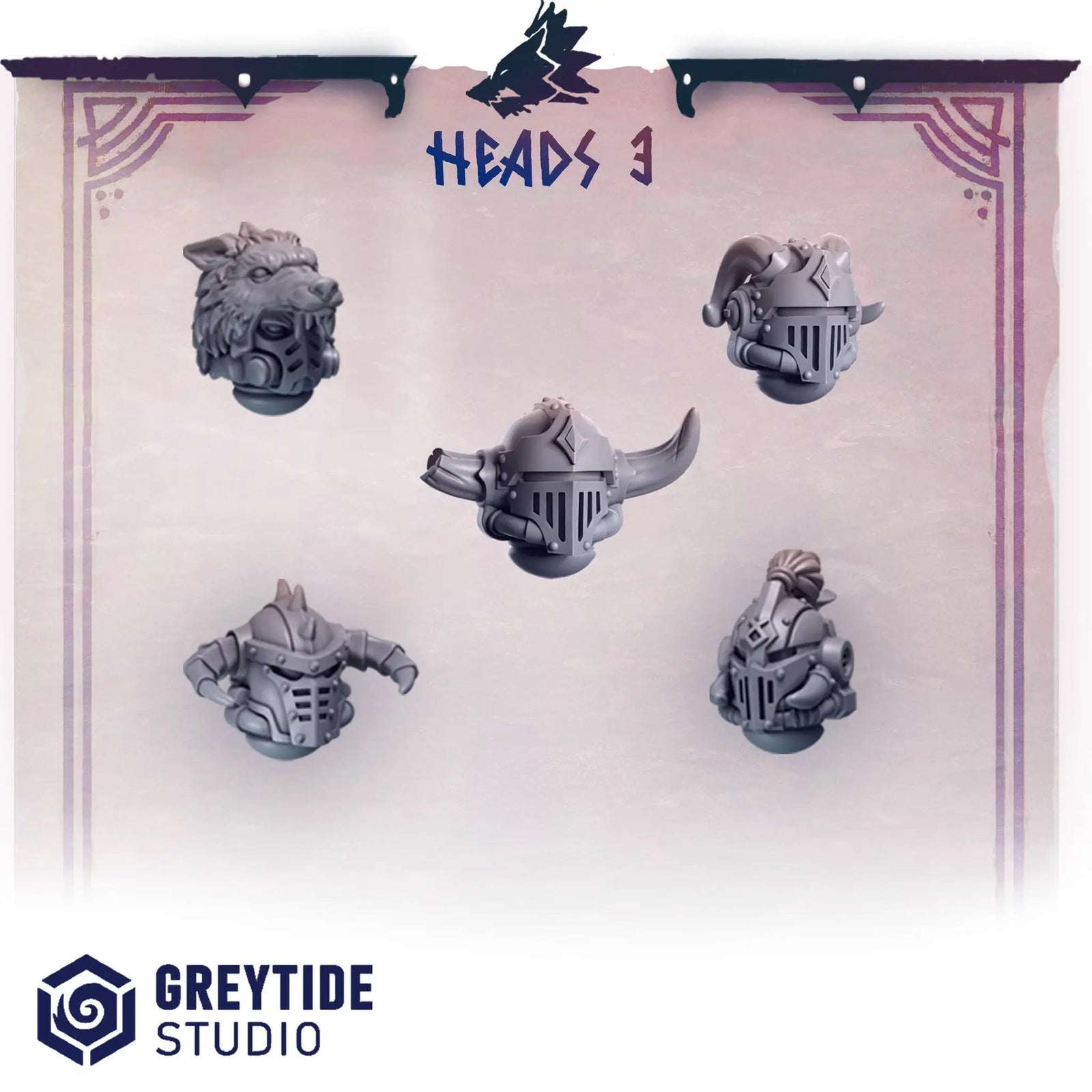 Set of 10 3D printed Primal Hounds helmets by Last Hope Miniatures, featuring detailed, sculpted fantasy-style helmet designs.