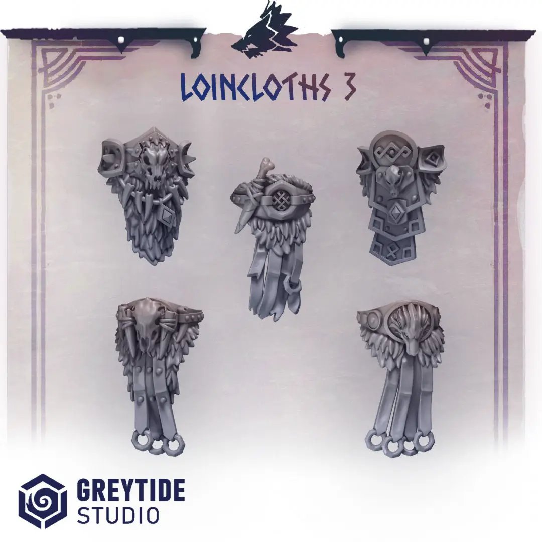 Detail of 10 3D printed Primal Hounds loincloths miniatures by Last Hope Miniatures for Greytide Studio.