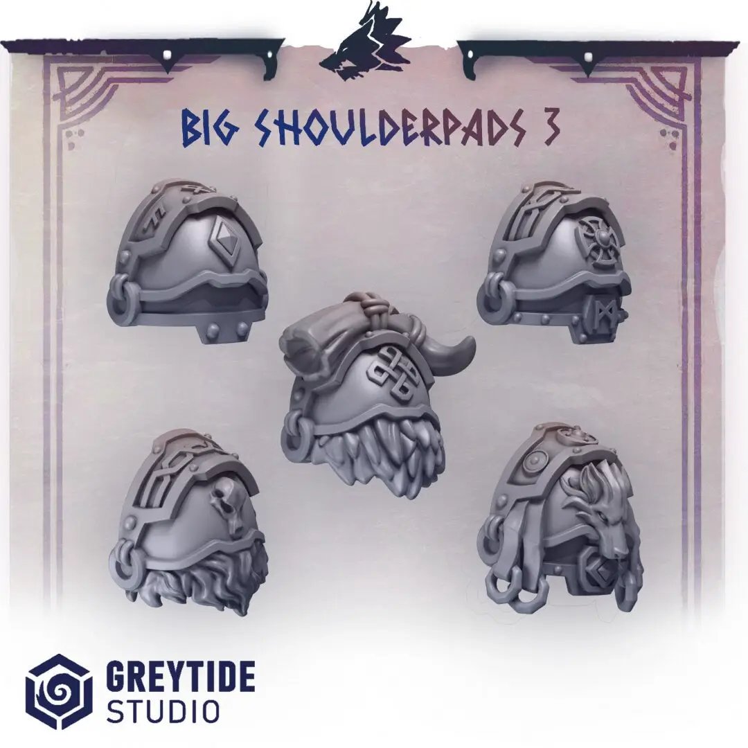 Set of 10 3D printed Primal Hounds shoulder pads by Greytide Studio for Last Hope Miniatures tabletop gaming.