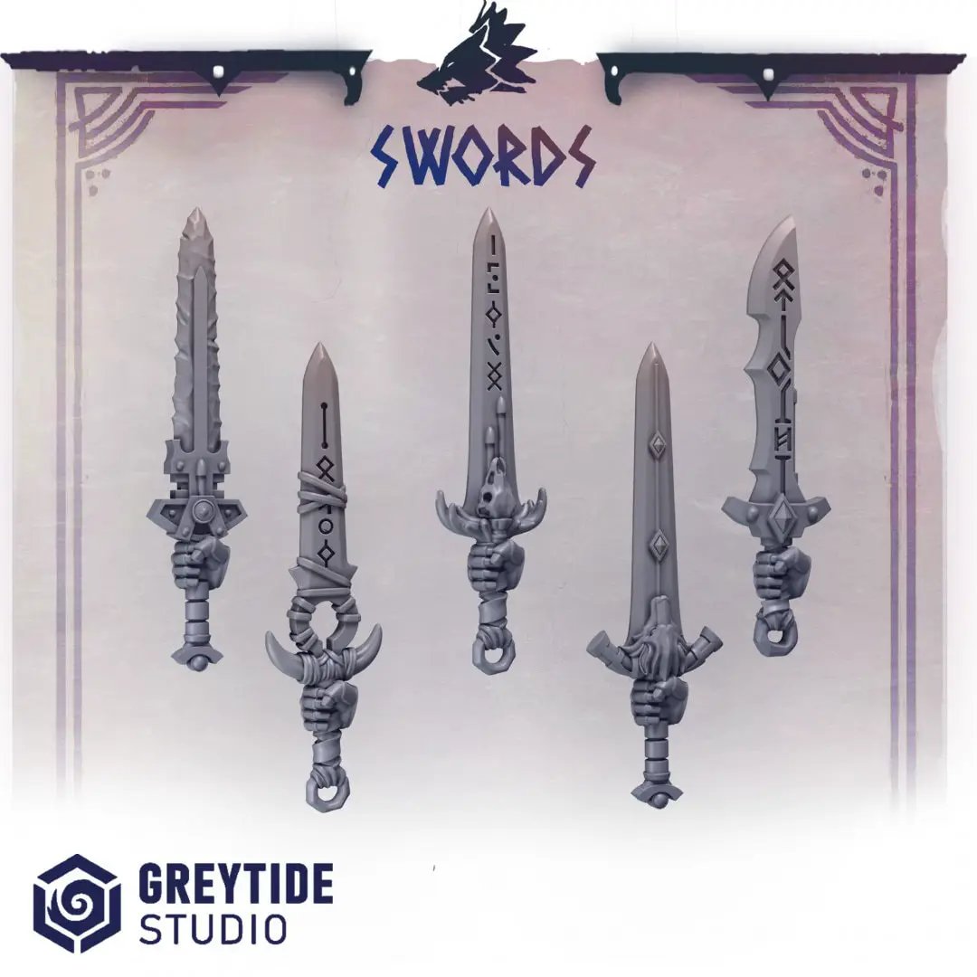 Ten 3D printed primal hounds swords miniatures by Last Hope Miniatures for Greytide Studio, detailed fantasy weapon models.