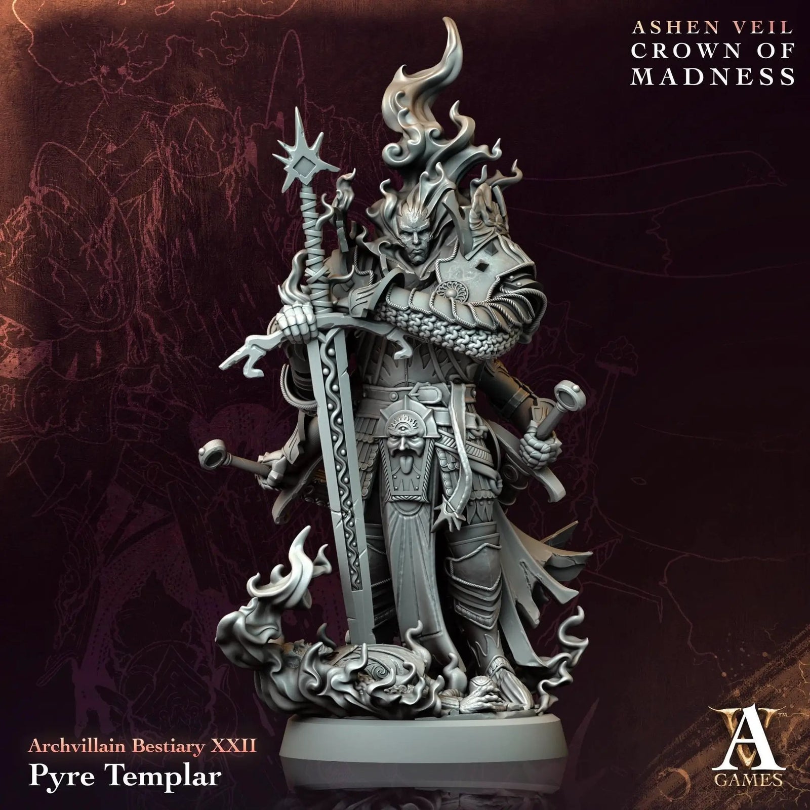 3D printed Pyre Templar miniature by Last Hope Miniatures for tabletop gaming, showing detailed armor and weaponry.