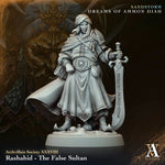 3D printed model of Rashahid - The False Sultan by Last Hope Miniatures for Archvillain Games, showing detailed miniature sculpture.