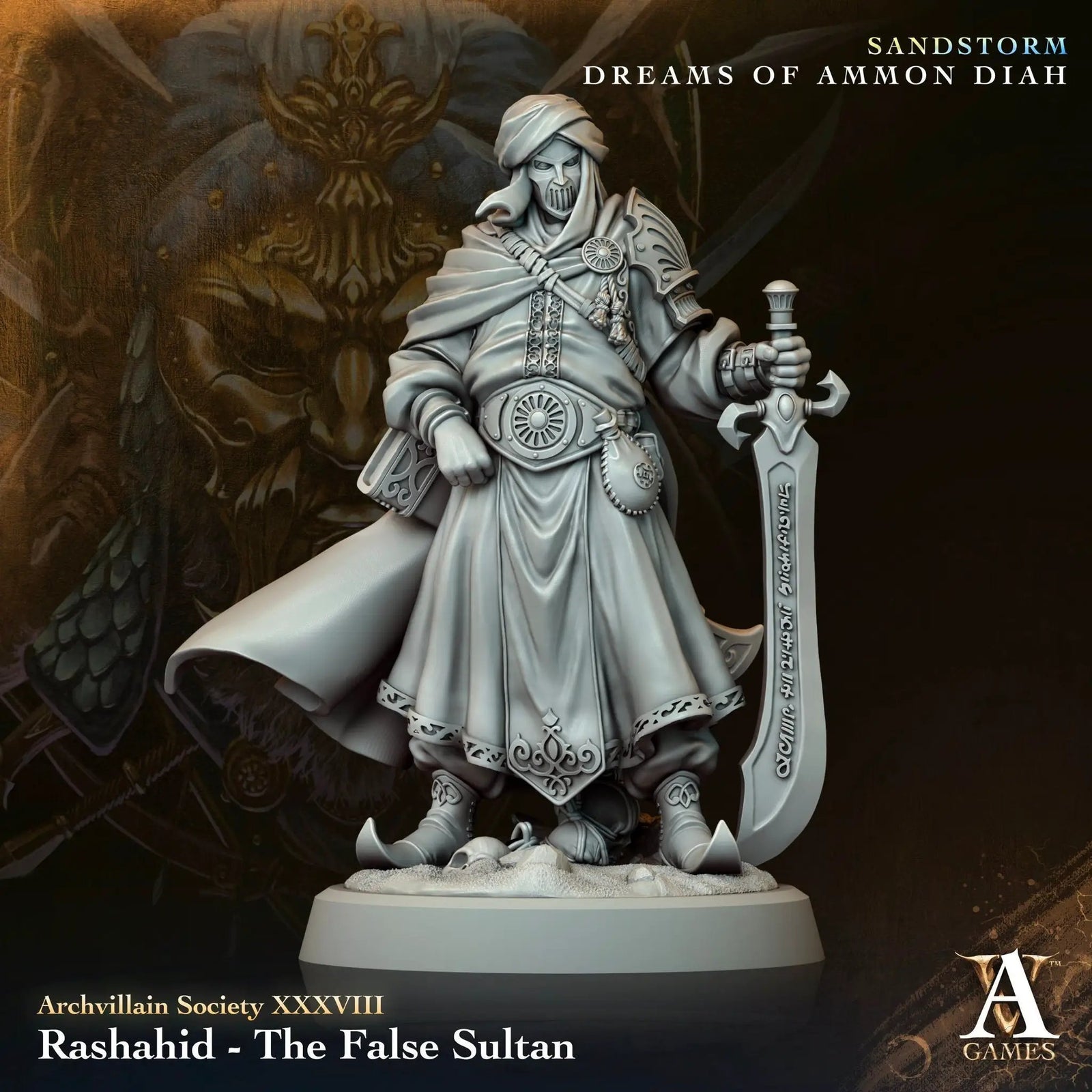 3D printed model of Rashahid - The False Sultan by Last Hope Miniatures for Archvillain Games, showing detailed miniature sculpture.