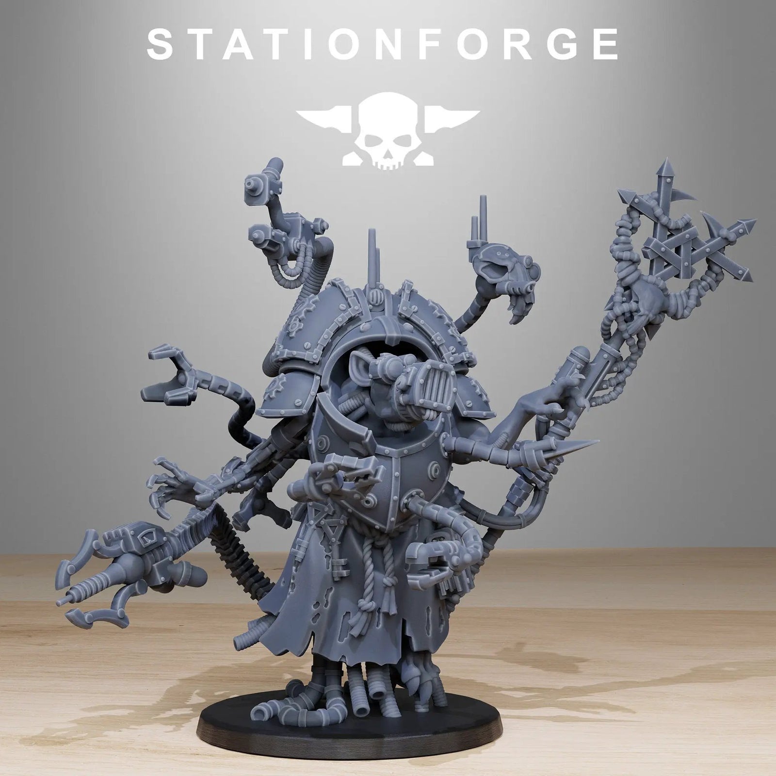3D printed Raticus Priest miniatures by StationForge Miniatures, detailed rat-themed fantasy character for tabletop gaming