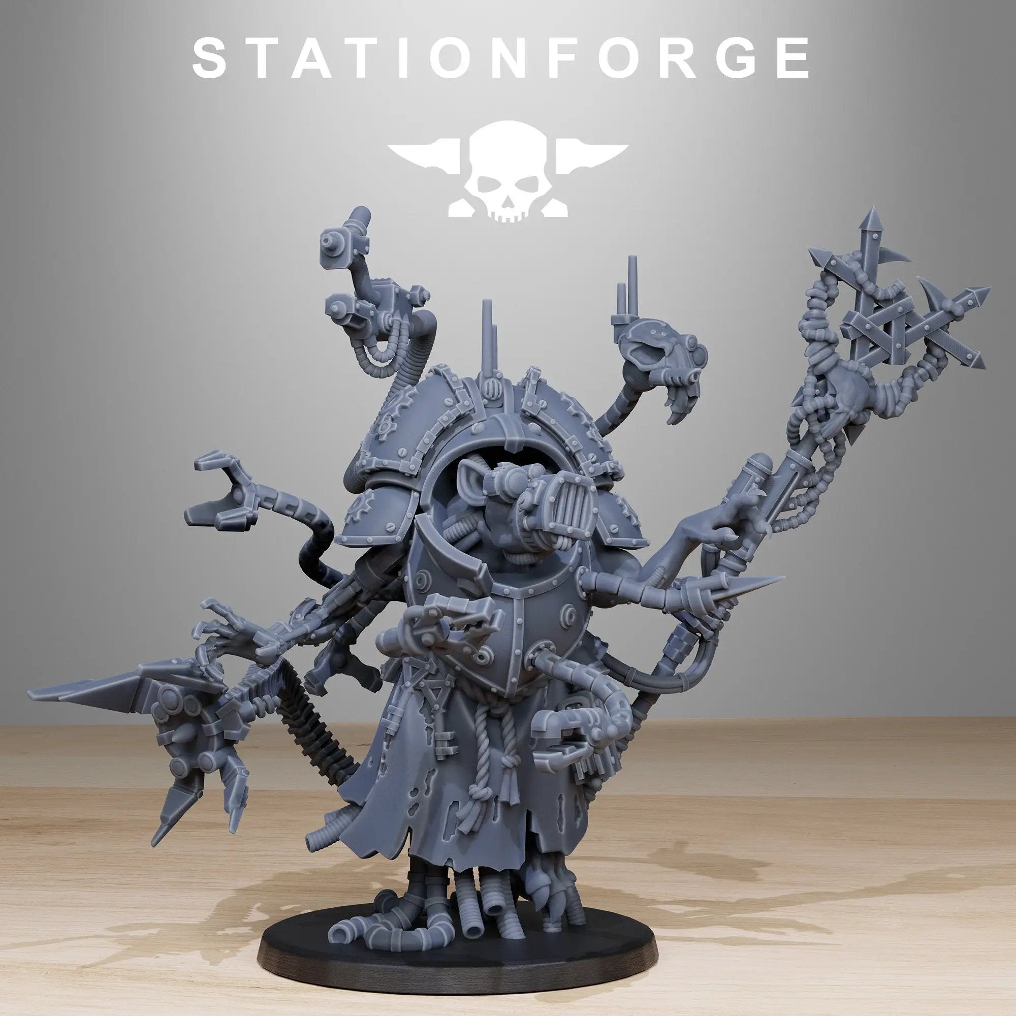 3D printed Raticus Priest miniature by StationForge Miniatures for Last Hope Miniatures, showing detailed figure with robes and staff.