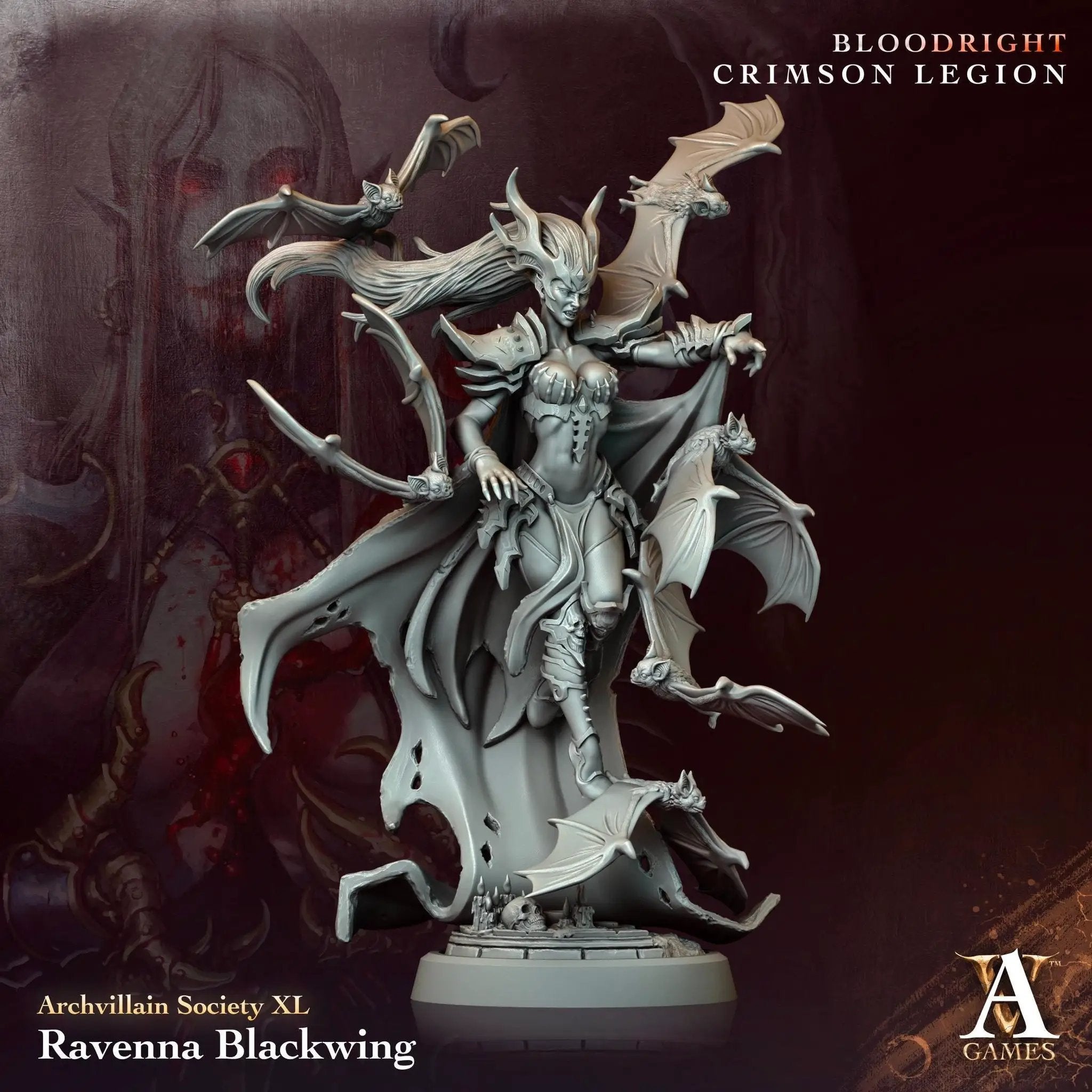 3D printed Ravenna Blackwing miniature by Last Hope Miniatures for Archvillain Games, featuring detailed black wing design.