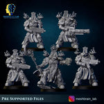 Three 3D printed Reapers of the Thousand Souls Squad miniatures by Meshbrain Labs, detailed undead figures for tabletop gaming.