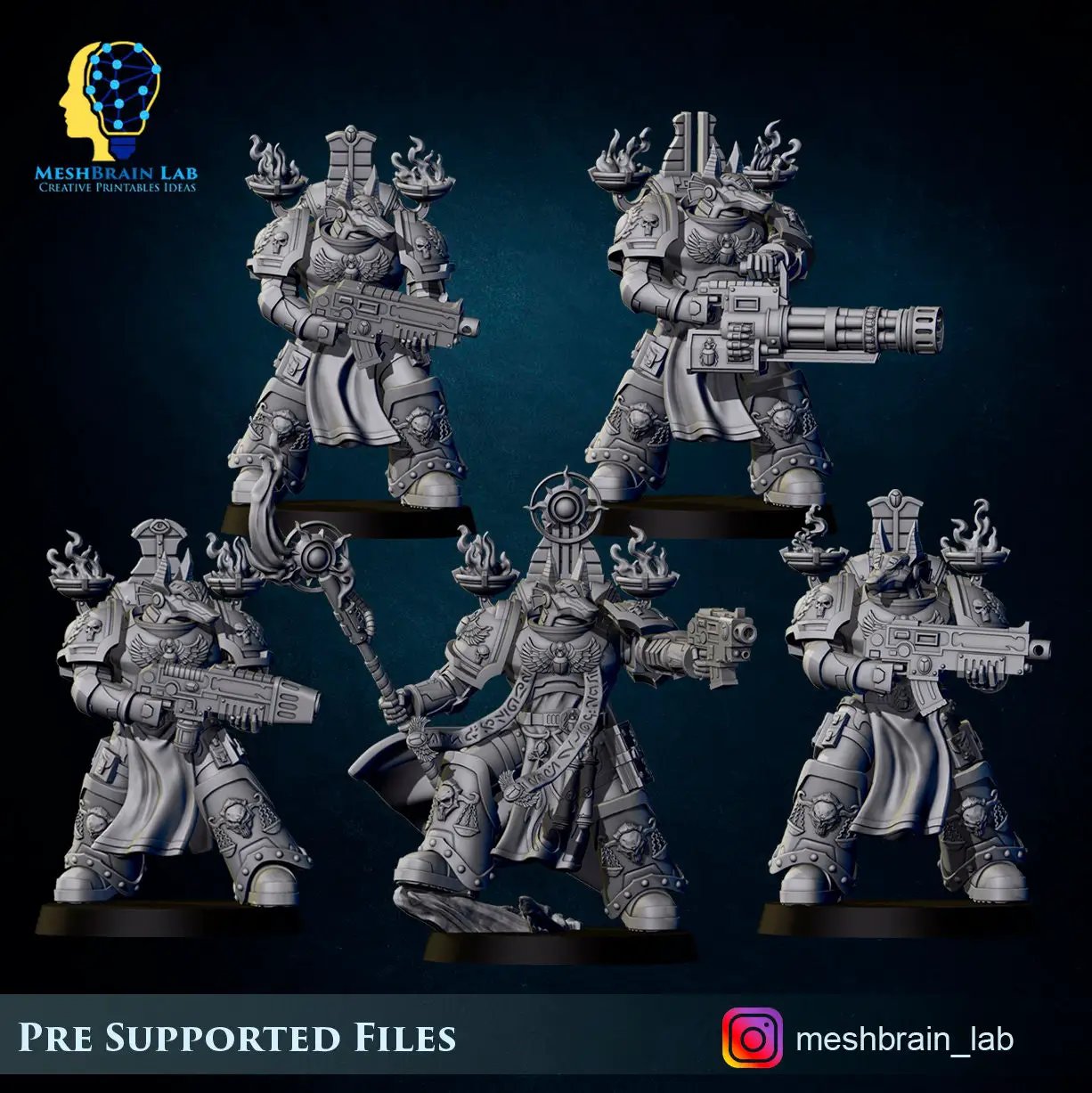 Three 3D printed Reapers of the Thousand Souls Squad miniatures by Meshbrain Labs, detailed undead figures for tabletop gaming.