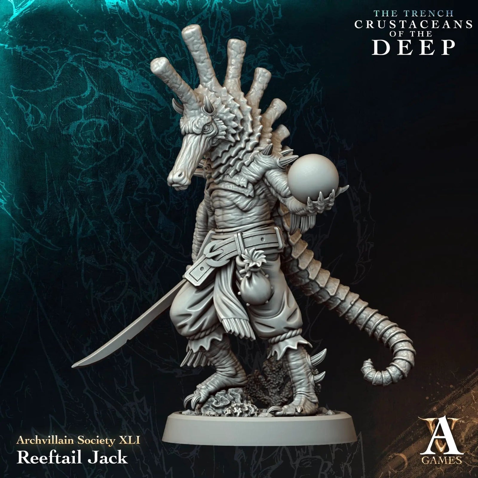 3D printed Reeftail Jack miniature from Last Hope Miniatures by Archvillain Games, detailed aquatic creature with vibrant colors.