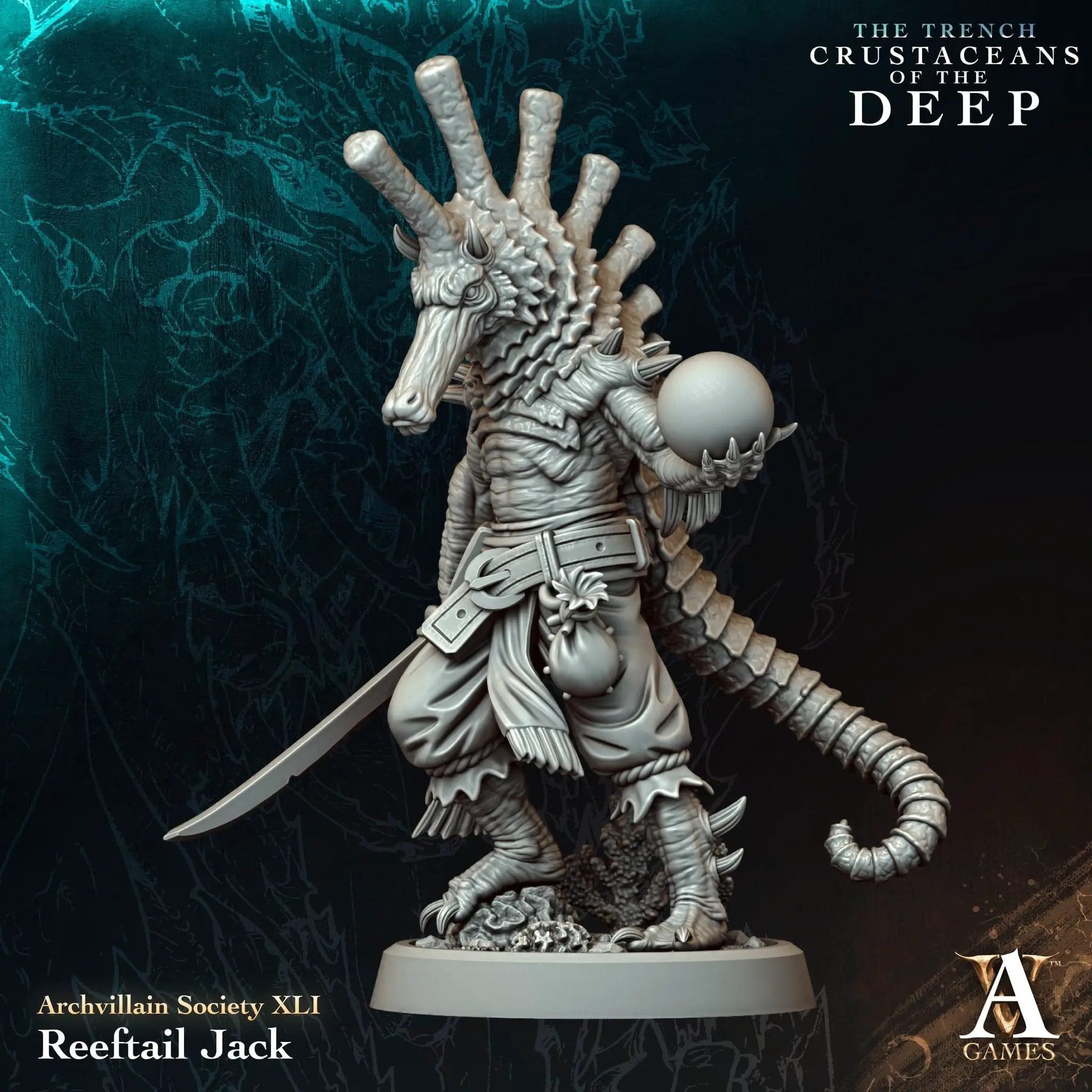 3D printed Reeftail Jack miniature from Last Hope Miniatures by Archvillain Games, detailed aquatic creature with vibrant colors.