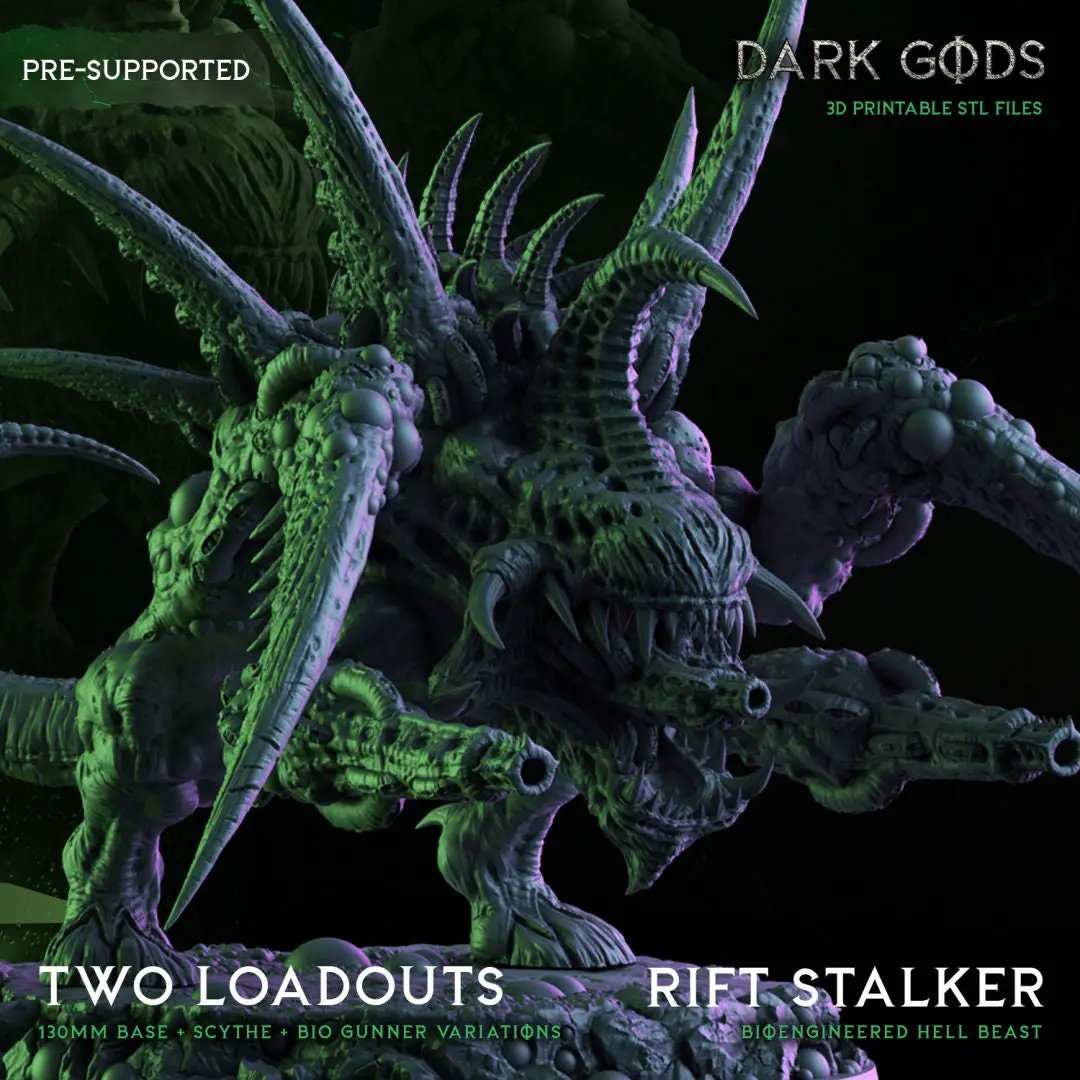 3D printed Rift Stalker miniature by Dark Gods Miniatures, detailed dark fantasy creature for tabletop gaming.