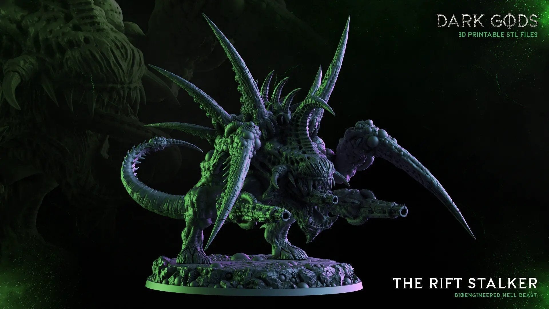 3D printed Rift Stalker miniature by Dark Gods Miniatures, detailed dark fantasy creature model for tabletop gaming.