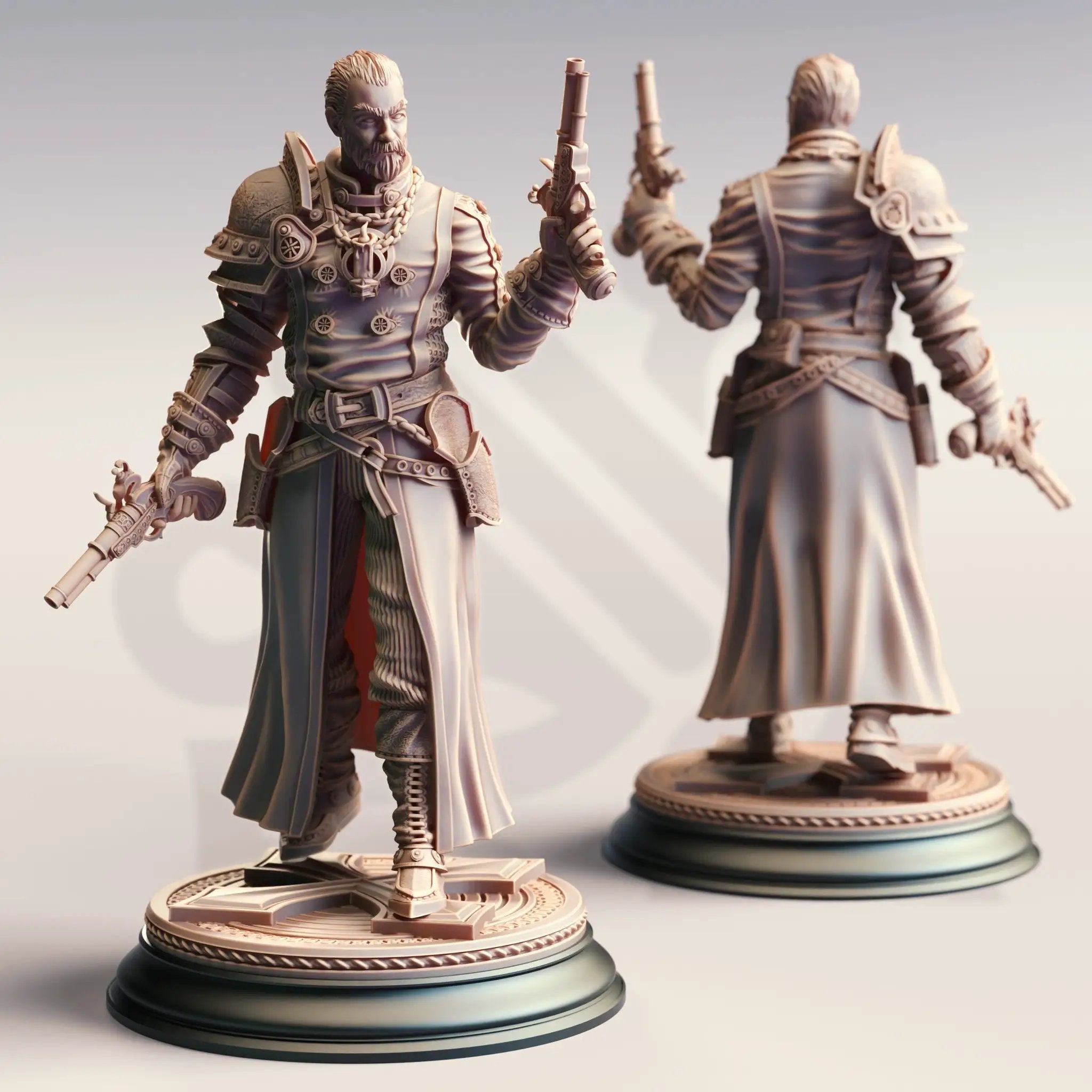 3D printed Righteous Priest Gunslinger miniature by Last Hope Miniatures, featuring detailed armor and weapon in a dynamic pose.