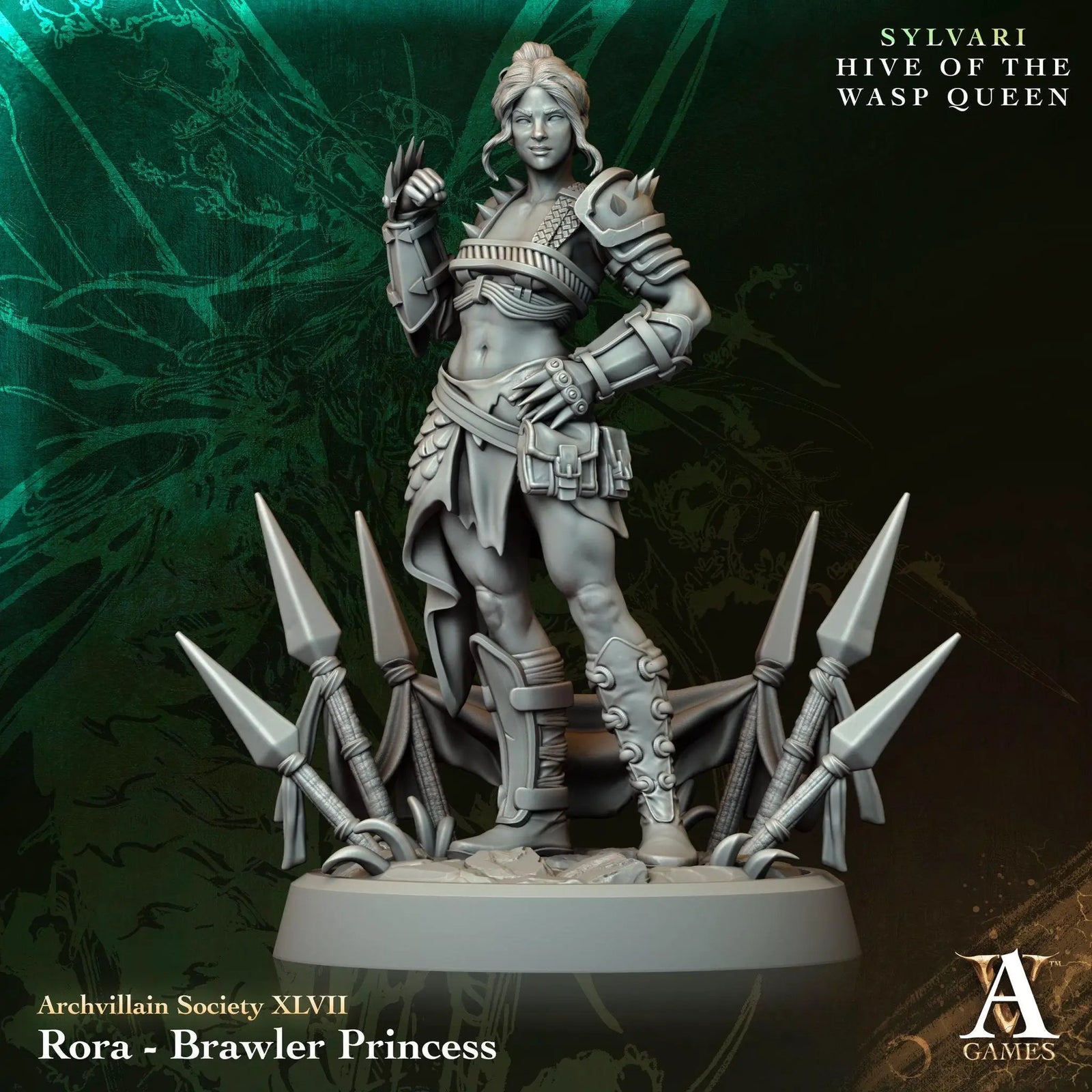3D printed Rora, Brawler Princess miniature by Last Hope Miniatures for Archvillain Games, featuring detailed armor and dynamic pose.