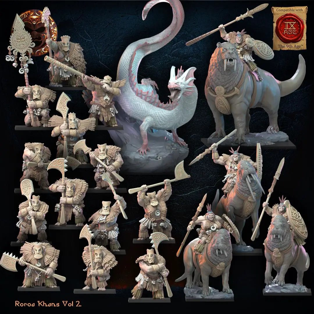 3D printed Rora Khan Tusk Riders miniature by Lost Kingdom Miniatures, showing detailed tusk-wielding figures in dynamic poses.