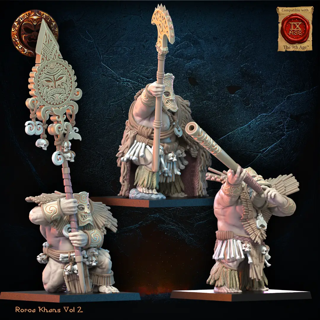 3D printed Roroa Khans Tiki Command Group miniatures by Lost Kingdom Miniatures, featuring detailed tiki-themed figures for tabletop gaming.