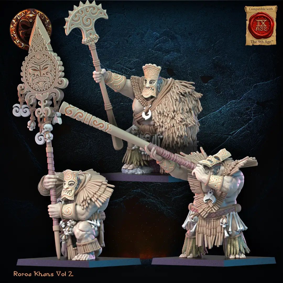 3D printed Roroa Khans Tiki Command Group miniature by Lost Kingdom Miniatures, featuring detailed tribal figures and tiki designs.