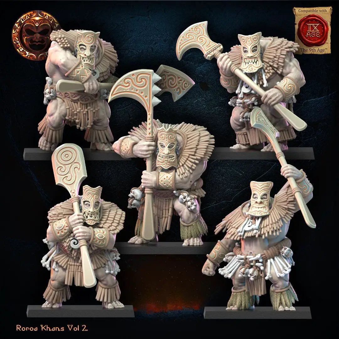 Pack of 10 3D printed Roroa Khans Tiki Regiment miniatures by Last Hope Miniatures for Lost Kingdom Miniatures.