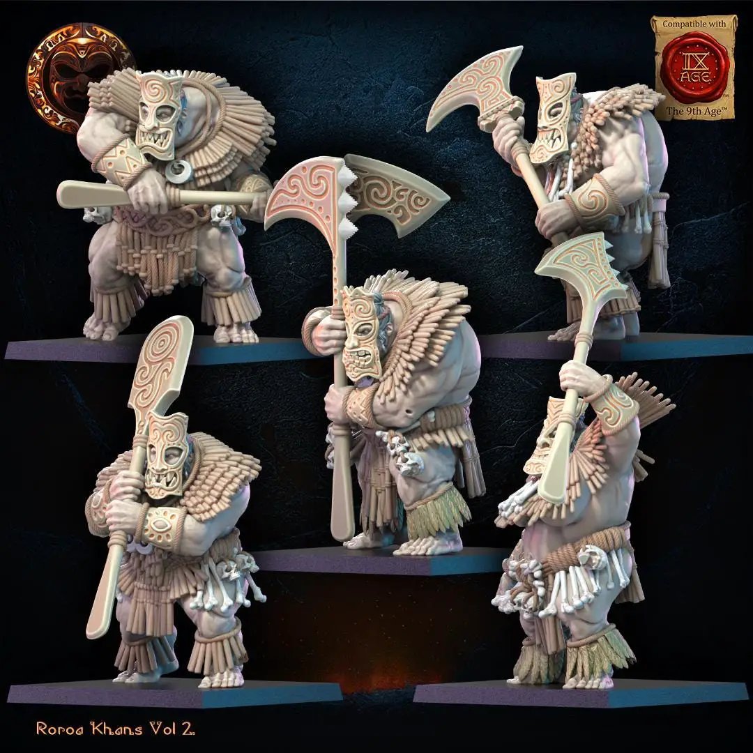 Set of ten 3D printed Roroa Khans Tiki Regiment miniatures by Lost Kingdom Miniatures, featuring detailed tribal warrior designs.