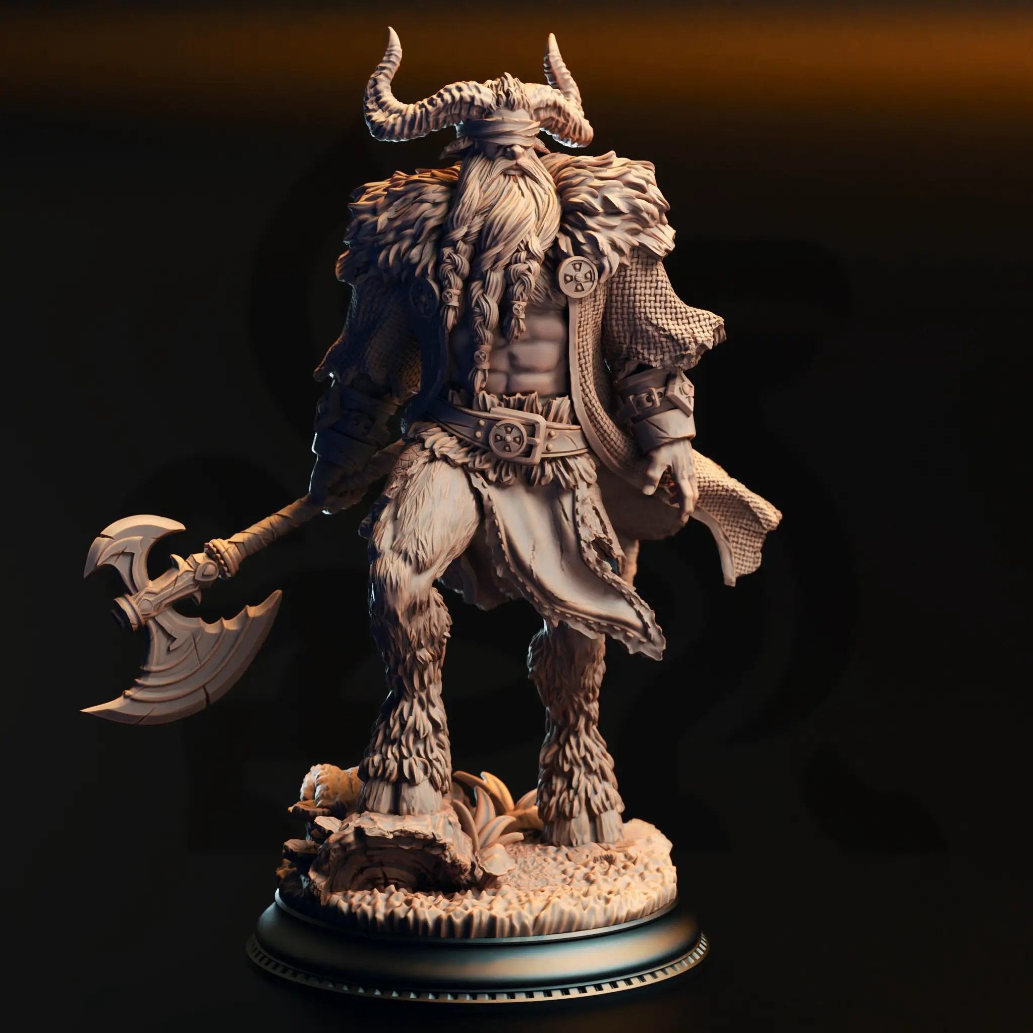 3D printed Satyr Barbarian miniature by Last Hope Miniatures for D&D, featuring detailed satyr with barbarian armor and weapon.