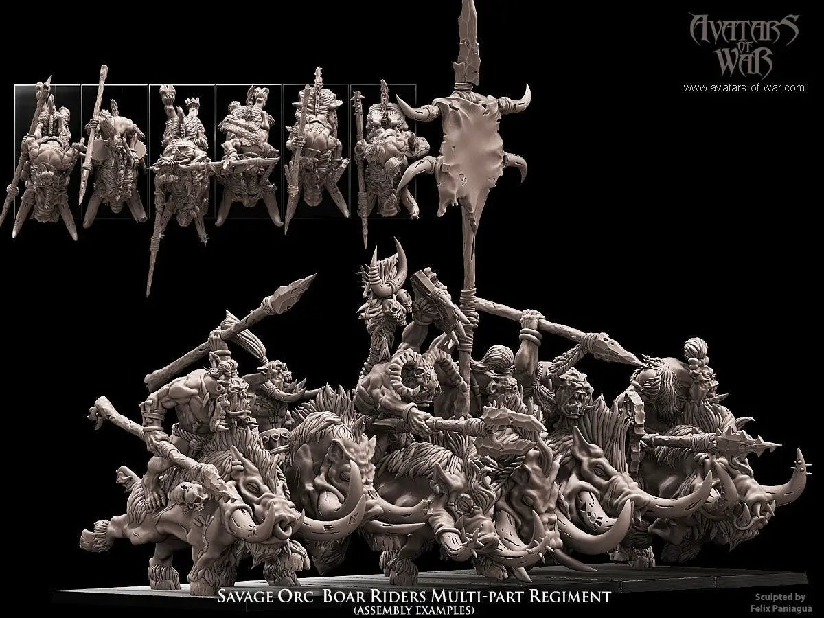 3D printed Savage Orc Boar Rider Regiment by Avatars of War, featuring detailed orc warriors riding boars in a fantasy miniature set