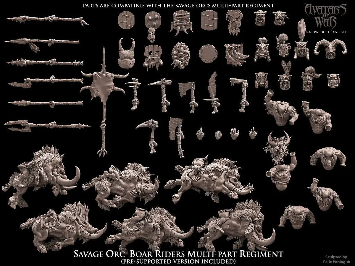 3D printed Savage Orc Boar Rider Regiment by Avatars of War, featuring fierce orcs riding boars in detailed miniature form.