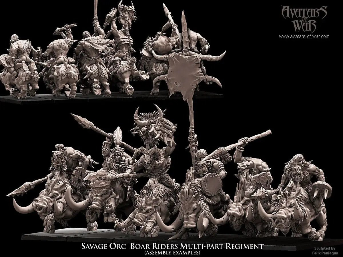 3D printed Savage Orc Boar Rider Regiment by Avatars of War, featuring orcs riding detailed boar figures, painted miniature models.