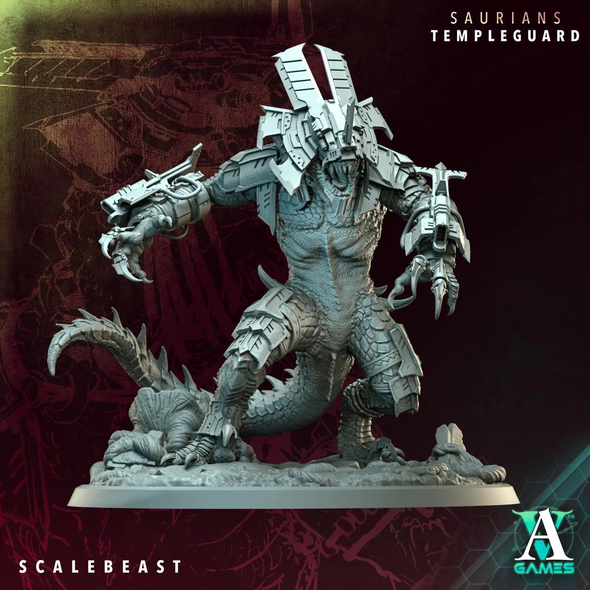 3D printed ScaleBeast miniature by Archvillain Games, designed for tabletop gaming, with detailed scales and menacing stance.