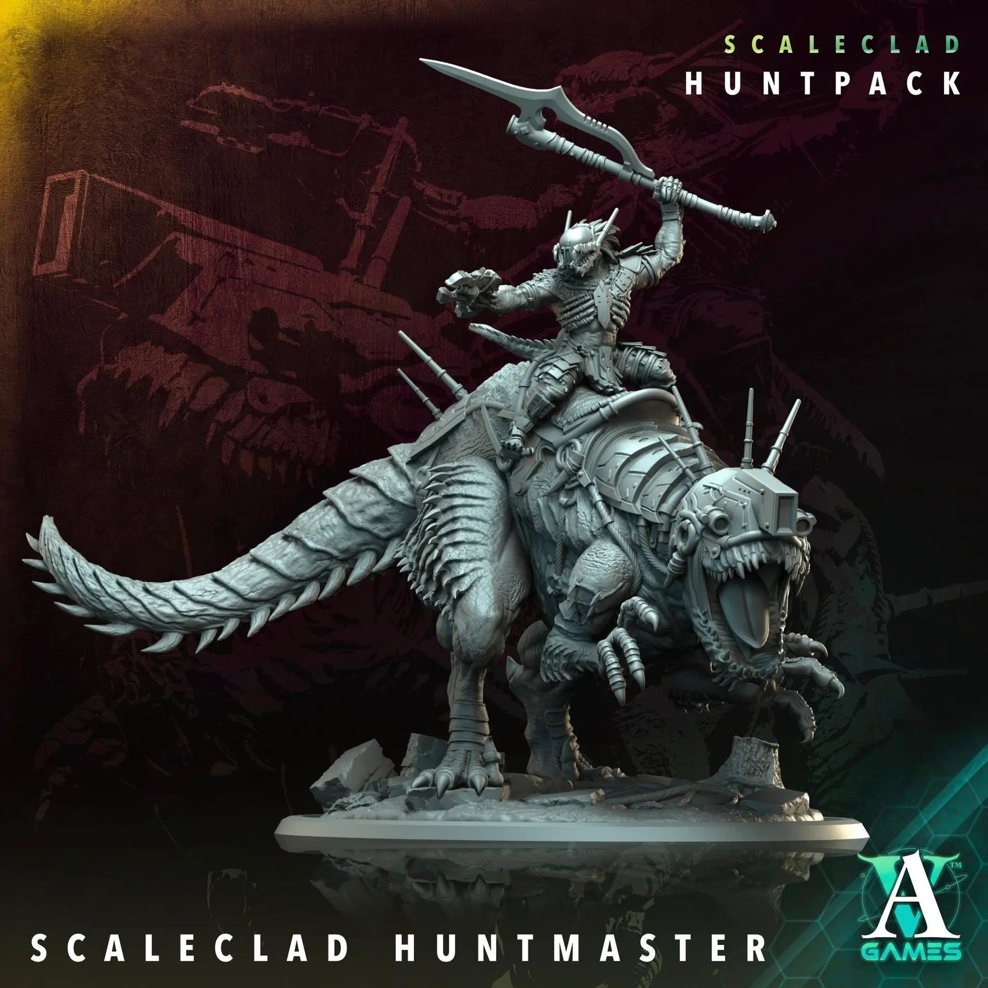 3D printed Scaleclad Huntmaster miniature by Last Hope Miniatures for Archvillain Games, detailed figure with intricate design.