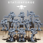 Set of ten 3D printed Scavenger Mechanods miniatures by StationForge for Last Hope Miniatures, shown in various poses.