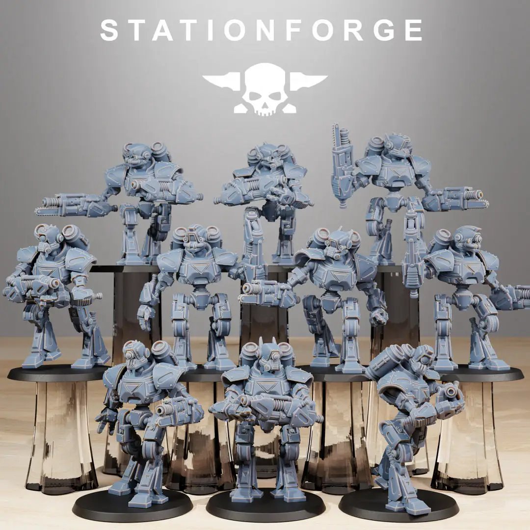 Set of ten 3D printed Scavenger Mechanods miniatures by StationForge for Last Hope Miniatures, shown in various poses.