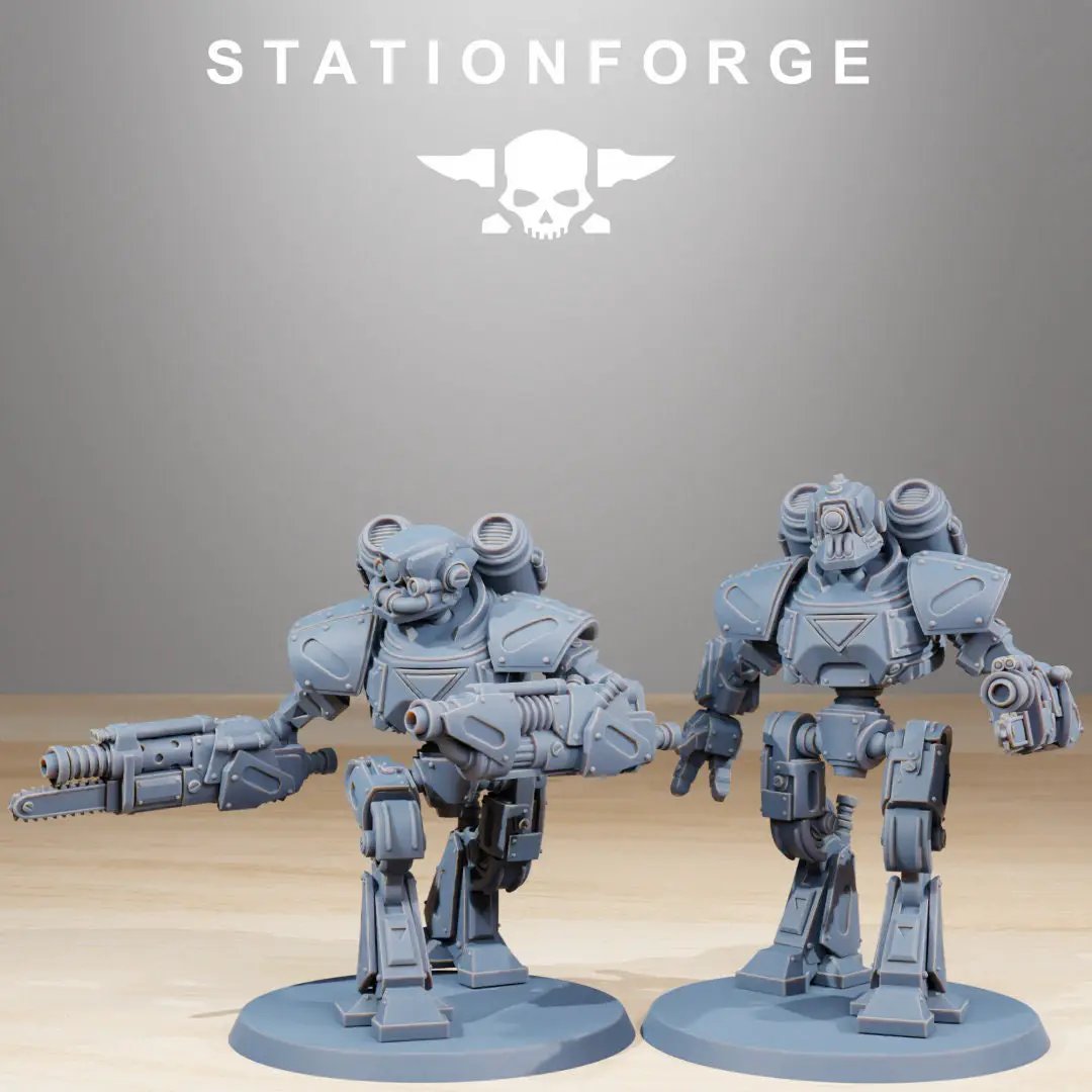 Three 3D printed Scavenger Mechanods miniatures by StationForge, part of Last Hope Miniatures, displayed on a neutral background.