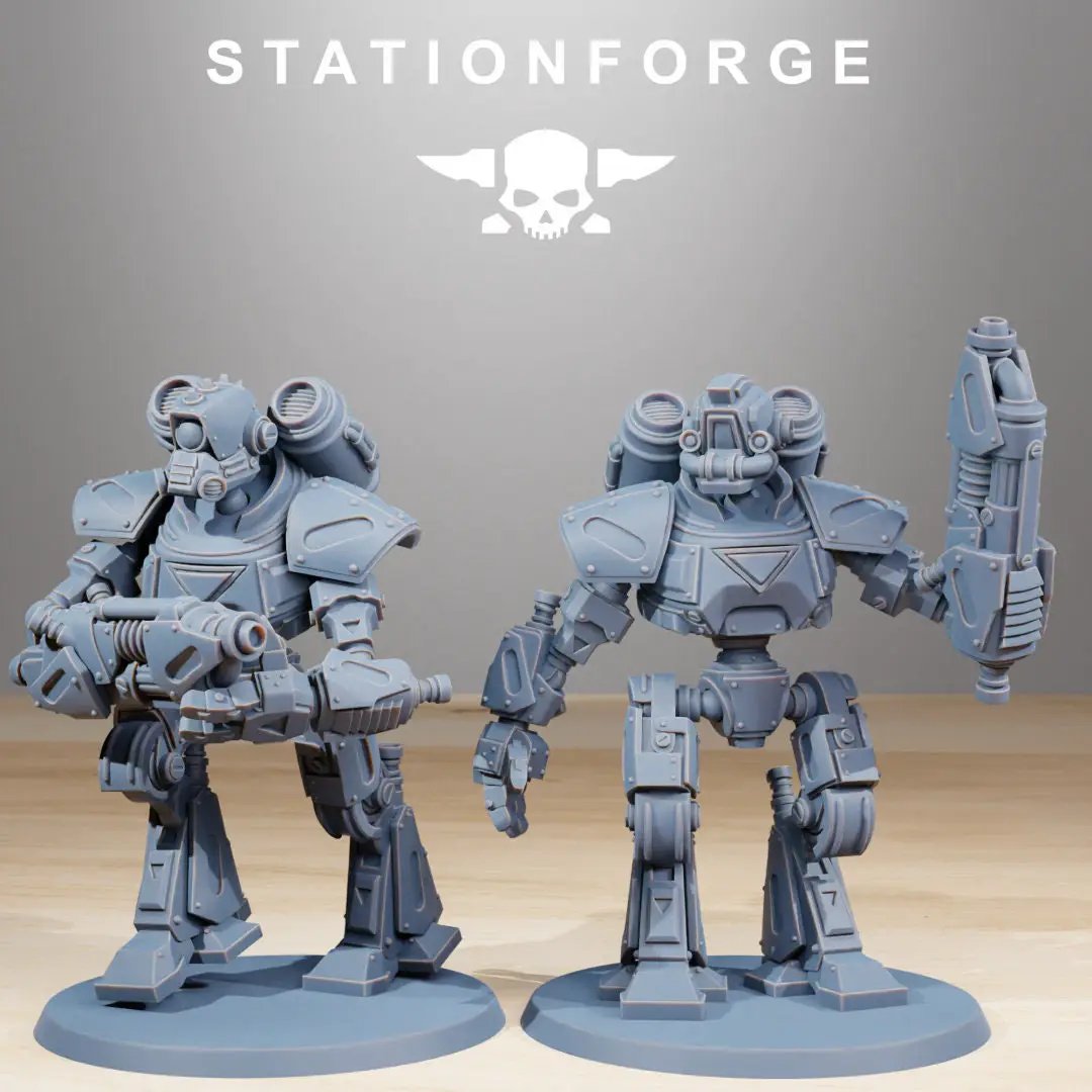 Set of ten 3D printed Scavenger Mechanods miniatures by StationForge for Last Hope Miniatures, detailed mechanical figures.