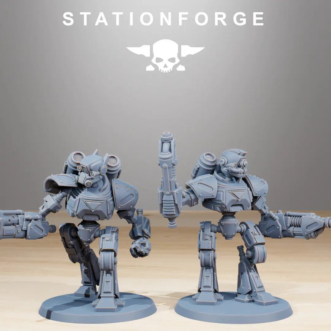 Ten 3D printed Scavenger Mechanods miniatures by StationForge, detailed steampunk-inspired robots from Last Hope Miniatures.