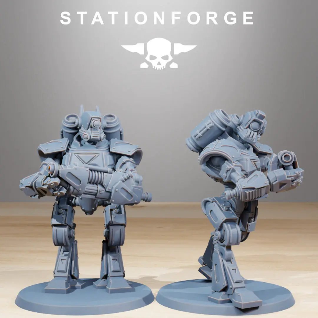 Three 3D printed Scavenger Mechanods miniatures by StationForge, part of Last Hope Miniatures collection, shown in detailed view.